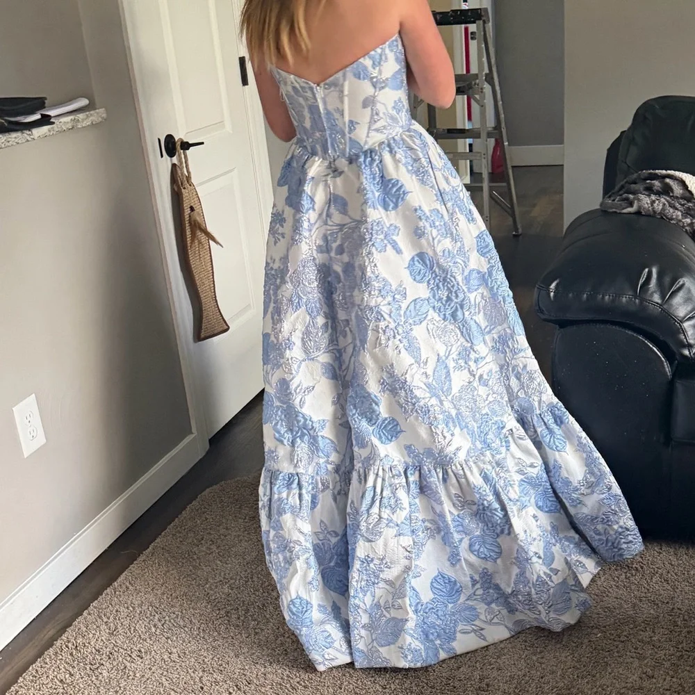 Sherri Hill Blue and White Floral Prom Dress - Picture 3 of 3